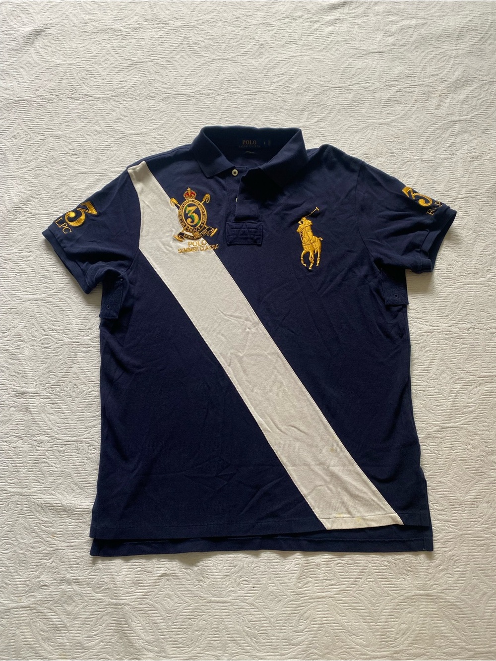 Polo by Ralph Lauren Navy Blue Polo with White Sash & Gold Embroidery